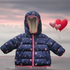 Baby Gap Puffer Jacket Hooded Floral Plush Toddler Cute Sz 12-18 M